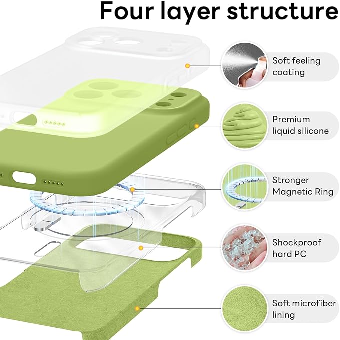 Vooii Magnetic Compatible with iPhone 17 Pro Case (Compatible with Magsafe) (Upgraded Camera Protection) Liquid Silicone Shockproof Full Body Protective Phone Cover for Women Men, Cedar Green, 6.3”