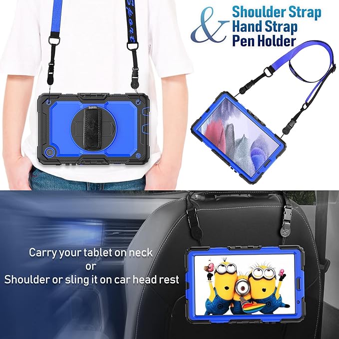 Timecity Case for Samsung Galaxy Tab A7 Lite 8.7" 2021 (SM-T220/T225/T227), Durable Sturdy Protection Case with Screen Protector, Rotating Stand, Handle Strap Case for Galaxy Tab A7 Lite- Dark Blue