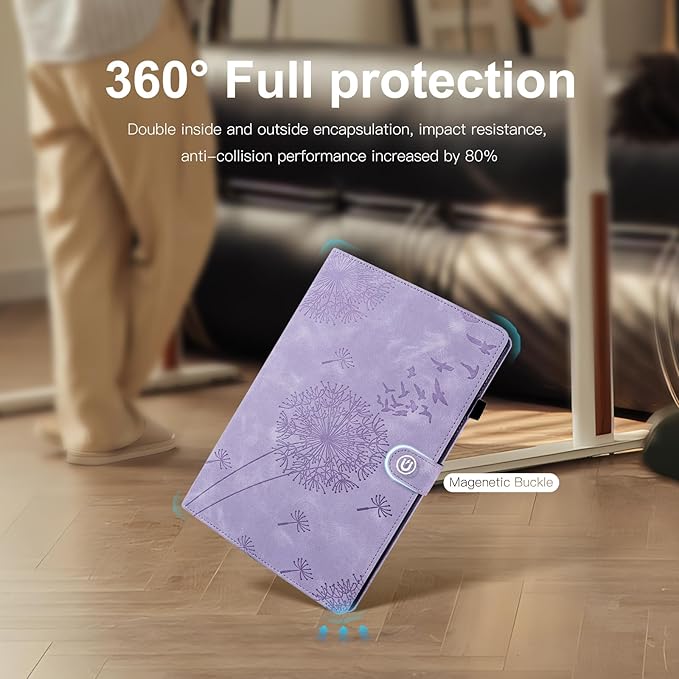 Dandelion Cover for Galaxy Tab A9 Plus Case (SM-X210/X216/X218, 11 Inch 5G), Artsy Design, Premium Faux Leather Made, Card Slots, Kickstand, Purple