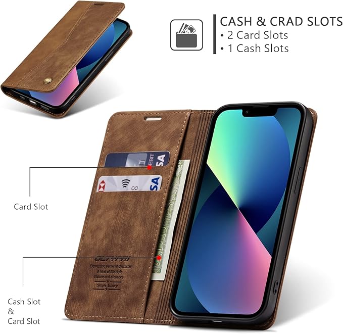 QLTYPRI Case for iPhone 14, Vintage PU Leather Wallet Case Card Slot Kickstand Magnetic Closure Shockproof Flip Folio Book Case Cover for iPhone 14(6.1 inch) - Retro Brown