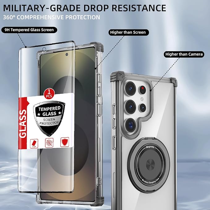 for Samsung Galaxy S25 Ultra Case Compatible with MagSafe Magnetic,with Screen Protector,with Kickstand Ring Military Grade Drop Heavy Duty Protection Shockproof for S25 Ultra Phone Case Black