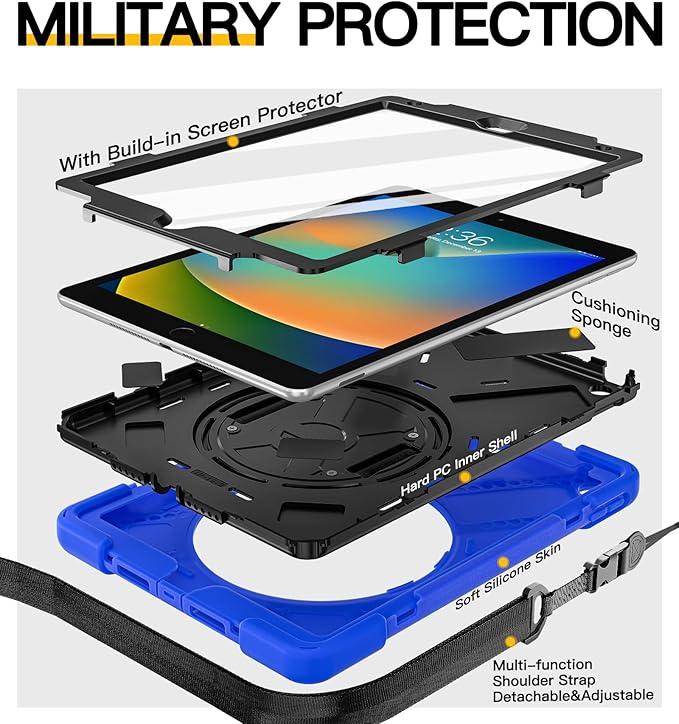 BRAECN for iPad 9th/8th/7th Generation Case, iPad 10.2 inch Heavy Duty Rugged Case with Built in Screen Protector, Hand Strap, Swiveling Stand/Shoulder Straps for iPad 10.2 2021/2021/2019-Blue