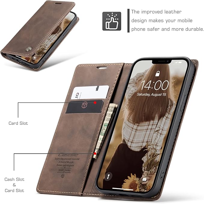 for iPhone 13 Case, Flip Wallet Leather Case with Card Holder Magnetic Closure Shockproof Kickstand Protective Phone Cases Cover for iPhone 13, Coffee