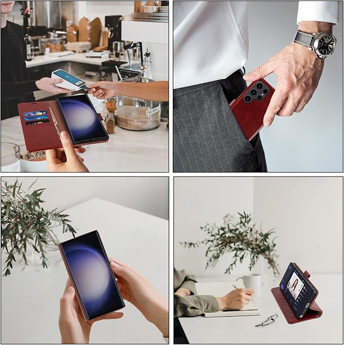 MONASAY Wallet Case Compatible for Galaxy S23 Ultra 5G,[RFID Blocking] Flip Folio Leather Cell Phone Cover with Credit Card Holder, 6.8 inch, Burgundy