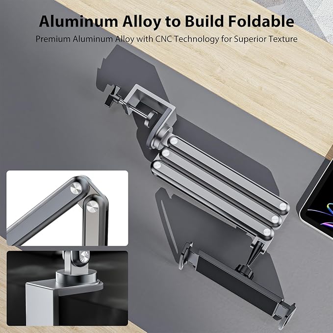 Tablet Stand for Desk, Aluminum Alloy Foldable Tablet Arm Mount Holder Compatible with iPad 10/9th, iPad Pro Air 13/11inch (2024), Mini, Samsung Galaxy Tab & More 7-15.6'' Tab Portable Monitor