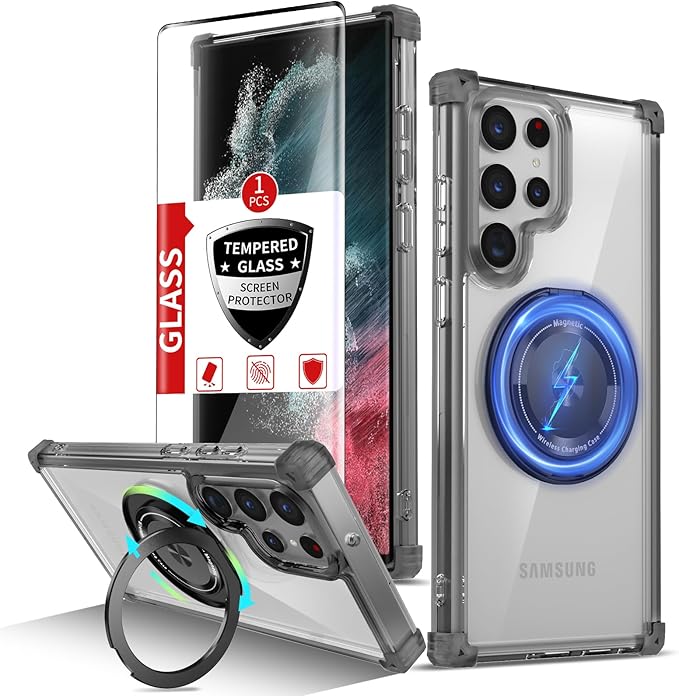 for Samsung Galaxy S22 Ultra Case Compatible with Magnetic Wireless Charging with Screen Protectors, S22 Ultra Case Built-in Kickstand Ring Military Grade Drop Protection Shockproof Black