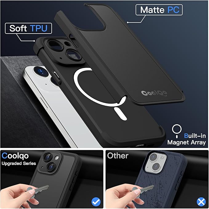 COOLQO Magnetic for iPhone 14 Case, Compatible with MagSafe, Dual Layer Design Military Grade Protection, Translucent Matte Scratch-Resistant Back Protective Shockproof Phone Case, Black