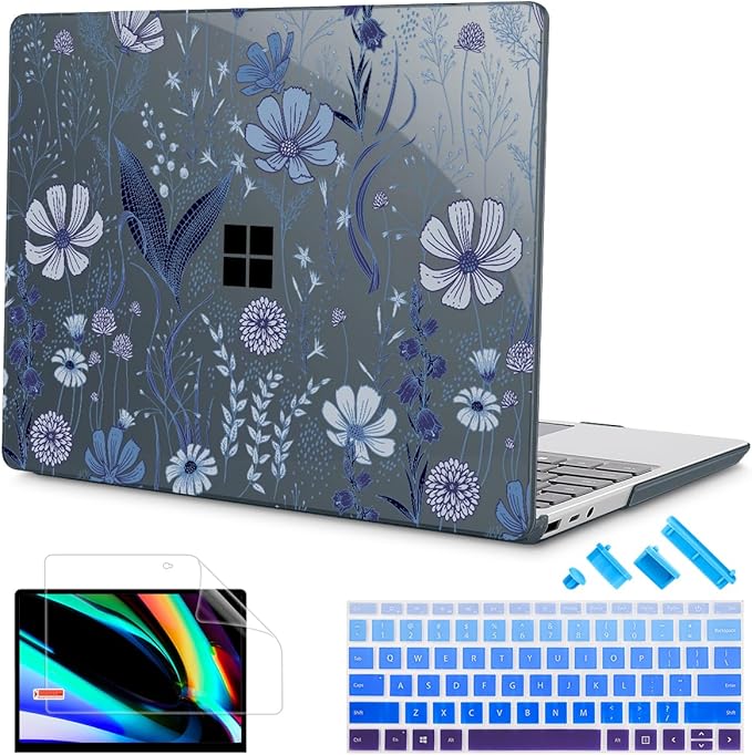 Tuiklol Case for 12.4 Inch Microsoft Surface Laptop Go 3/2 / 1 2023-2020 Releases, Plastic Hard Shell Case with Screen Protector and Keyborad Cover +Dust Plugs Model 2013/1943,Blue Line Floral