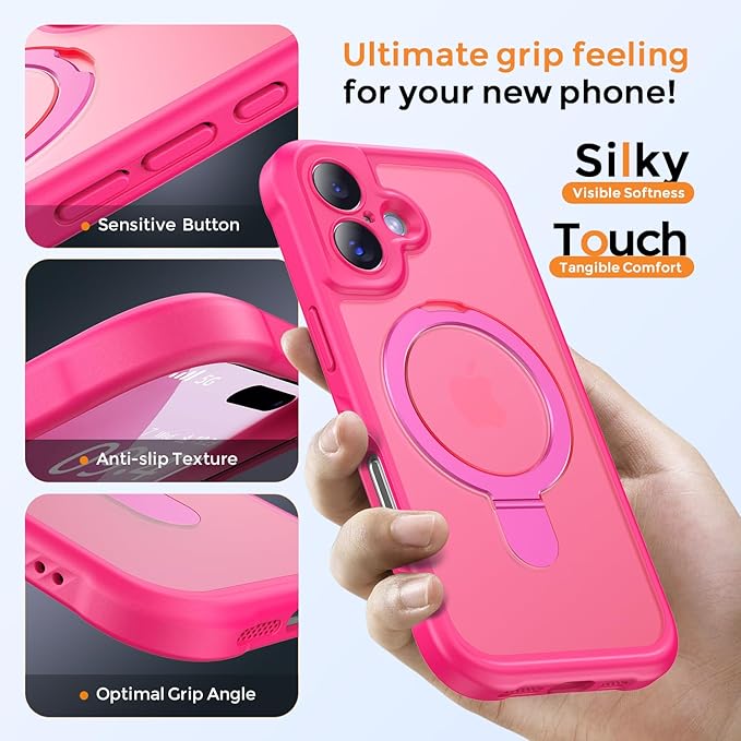 MOCCA Compatible with iPhone 17 Case with Magnetic Invisible Stand [Full Camera Protection] [Compatible with Magsafe] Military Drop Shockproof Translucent Matte Phone Case Cover 6.3",Hot Pink
