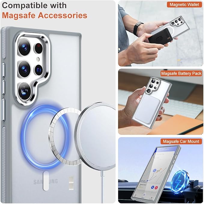 for Samsung Galaxy S24 Ultra Case, Magnetic Cover Compatible with Magsafe, Metal Camera Frame, Drop Protection Silky Translucent Phone Case for Galaxy S24 Ultra (Grey/White)