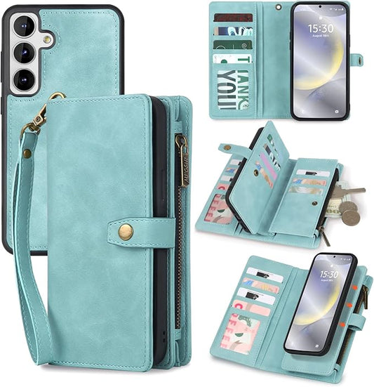 TwoHead for Samsung Galaxy S24 Wallet Case with Card Holder, Detachable Magnetic Phone Case for S24,PU Leather All-Round Protective Phone Case Wallet with Wrist Strap,Blue