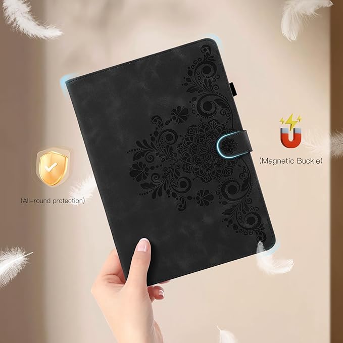 Case for Galaxy Tab A9+ Case 11 Inch, Retro Samsung Galaxy Tab A9 Plus Cover SM-X210/215 with Carved Flap, Magnetic Buckles Design, Stand Function Black