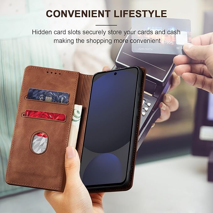 Jasonyu Flip Wallet Case for Samsung Galaxy S24 FE,Leather Magnetic Folio Cover with Card Holder,Kickstand - TPU Shockproof Durable Protective Phone Case,Brown