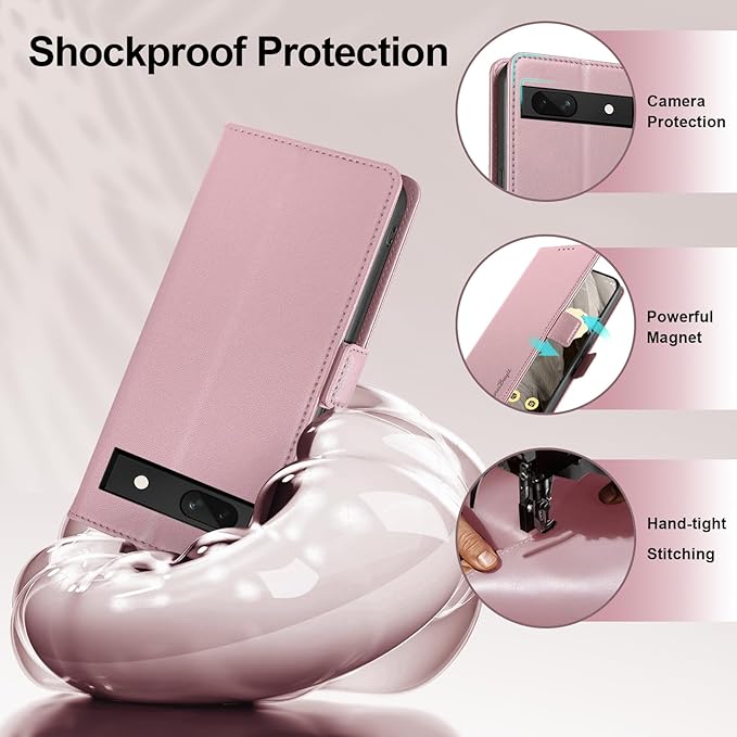 Wallet Flip Case for Google Pixel 7A - [RFID Blocking] Luxury PU Leather Card Holder Magnetic Phone Cover with Kickstand,Shockproof Protective Case,Pink