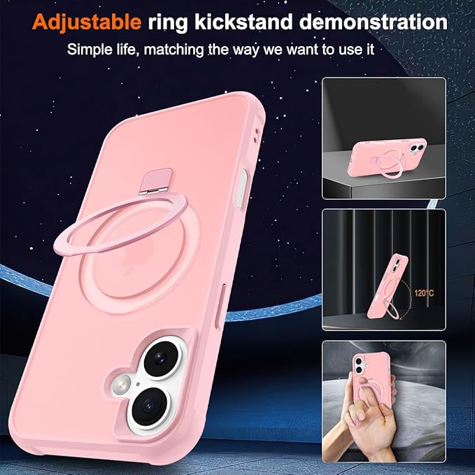 Magnetic Compatible with iPhone 17 Case with Stand [Military Grade Drop Tested][Compatible with Magnet] Ring Translucent Slim Hard Back Soft Edge, Pink