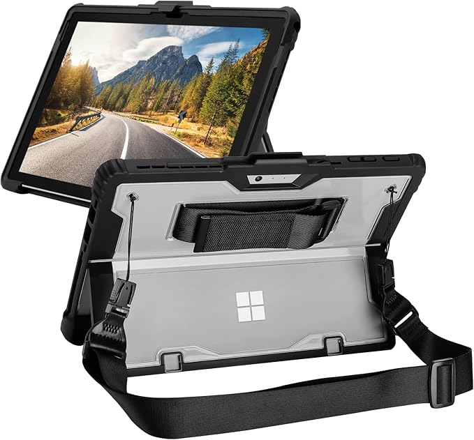 Surface Pro 8 Case, Crystal Clear Multi-Angle Heavy Duty Rugged Shockproof Cover with Shoulder Strap, Hand Strap, Stylus Pen Holder, Compatible with Keyboard