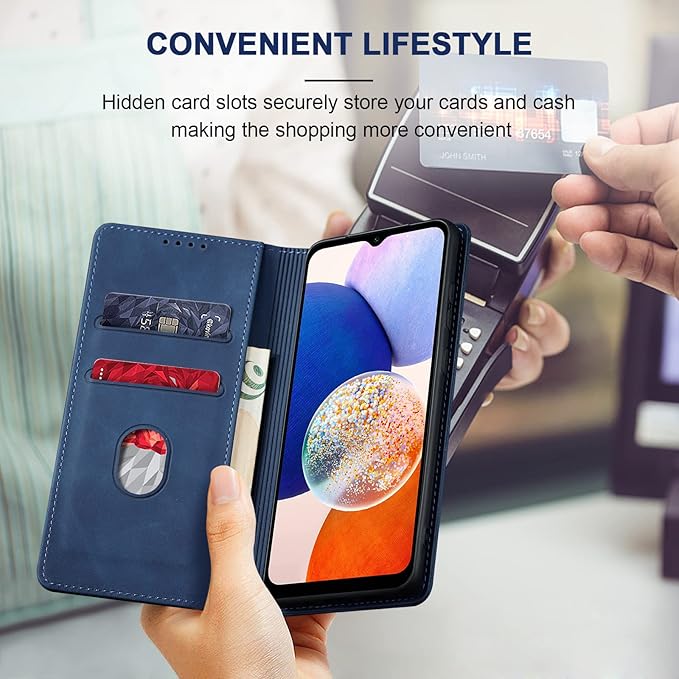 Jasonyu Flip Wallet Case for Samsung Galaxy A14 5G/4G,Leather Magnetic Folio Cover with Card Holder,Kickstand - TPU Shockproof Durable Protective Phone Case,Blue