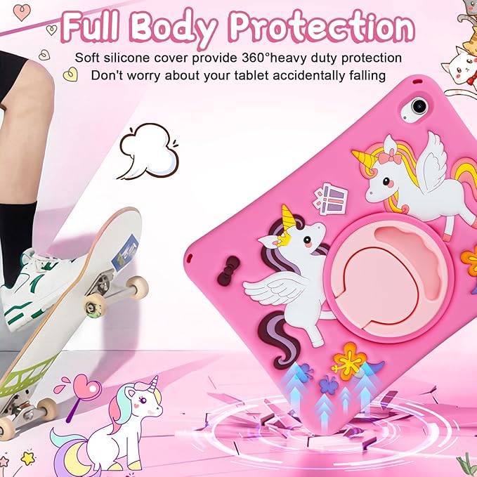 HianDier for iPad A16 Case 11th 2025 iPad 10th Generation Case for Kids Cute Unicorn Silicone Tablet Cover with Detachable Strap and Rotatable Stand Shockproof Cover for iPad 11inch 10.9inch-Rose Pink