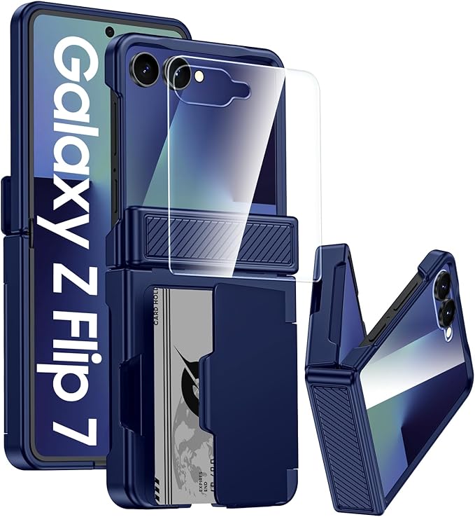 for Samsung Galaxy Z Flip 7 Case Wallet RFID Card Holder&Hinge Protection&HD Screen Protector, Full Body Shockproof Cover for Galaxy Z Flip 7(Blue)
