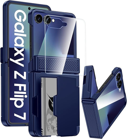 for Samsung Galaxy Z Flip 7 Case Wallet RFID Card Holder&Hinge Protection&HD Screen Protector, Full Body Shockproof Cover for Galaxy Z Flip 7(Blue)