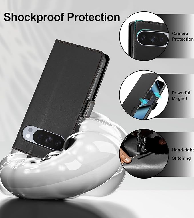 Wallet Flip Case for Google Pixel 10/10 Pro 5G - [RFID Blocking] Luxury PU Leather Card Holder Magnetic Phone Cover with Kickstand,Shockproof Protective Case,Black