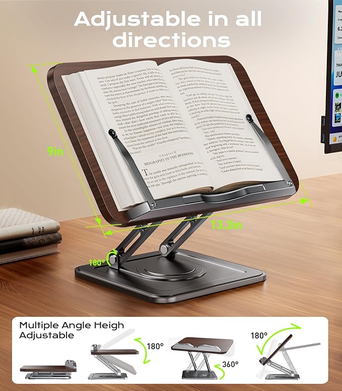 Book Stand for Reading, Adjustable Book Holder with 360°Rotating Bases, Ergonomic Cookbook Stand Recipe Book Holder with Elastic Page Clips for Magazines, Tablets, Laptops
