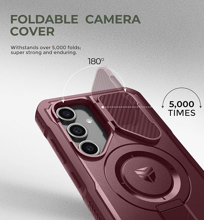 Dexnor for Samsung Galaxy S24 FE Case with Camera Cover & Adjustable Kickstand & Built-in Screen Protector, Magnetic Rugged Shockproof Bumper Cases Heavy-Duty Magnetic Protective Cover,Maroon Red