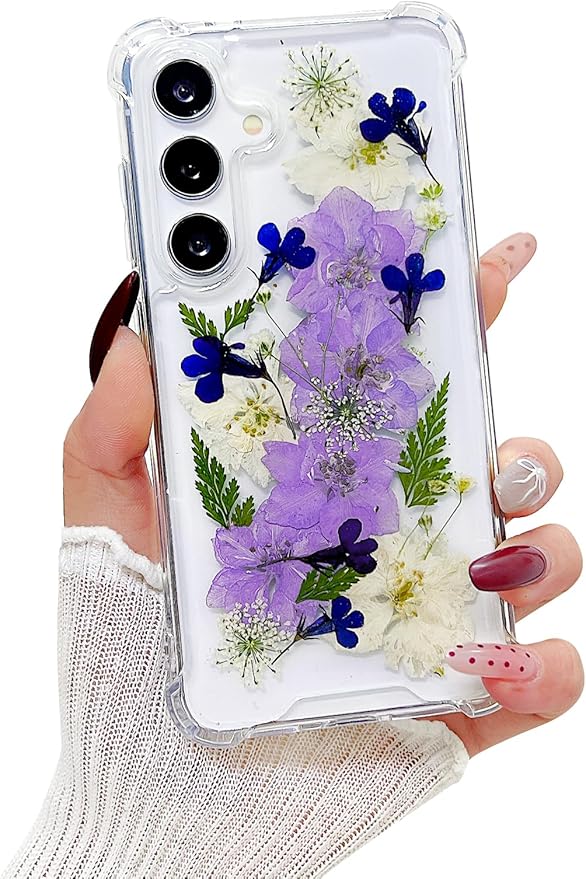 Compatible with Samsung Galaxy S25 Plus Case Cute Pressed Dried Real Flowers Women Girly Shockproof Soft TPU Floral Clear Phone Cover for Galaxy S25+(Purple Flower)