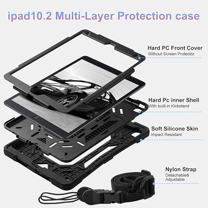 for iPad 10.2 inch Shockproof Case with 360 Rotating Grip Magic Stand, Pen Slot/Keychain/Carrying Shoulder Strap,Case for iPad 9th/8th/7th Gen