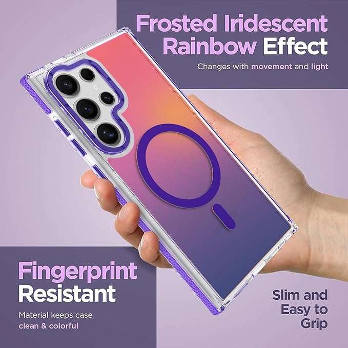 MOWIME Magnetic Case for Samsung Galaxy S24 Ultra [Compatible with Magsafe] [Cute Fashion Fluorescent Design] [1 Screen Protector] Slim Translucent Matte Case for Galaxy S24 Ultra 6.8", Purple