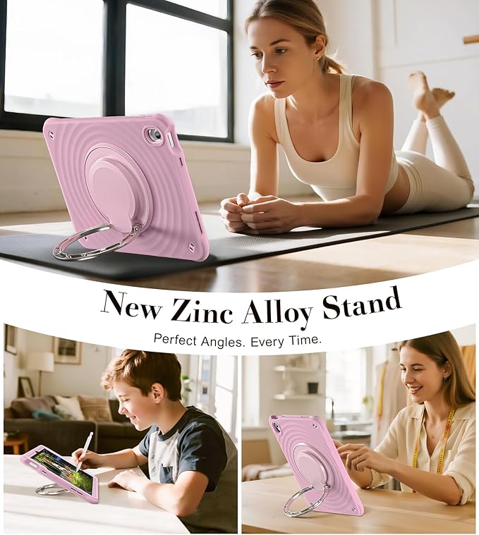 BRAECN Ripple Case for iPad (A16)11th/10th Generation 11/10.9 inch 2025/2022 Zinc Alloy Handle Ring Stand Protective Heavy Duty Screen Protector 360°Rotating 180°Folding Shoulder Strap Full-Body Cover