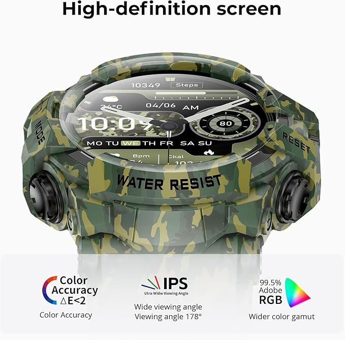 MIDDOW Military Smart Watch with Flashlight (Answer/Make Call) Compass, Heart Rate/Sleep/Sports Tracker, IP68 Waterproof, Long Battery Life, HD Screen, Android & iOS (Camo Green)