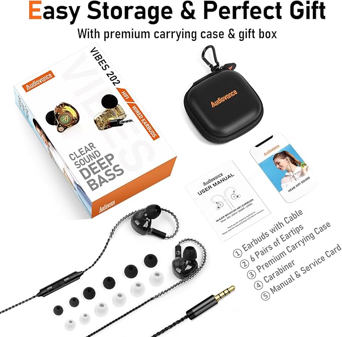 Vibes 202M Wired Earbuds - HiFi in Ear Monitor Headphones - Noise-Isolating Ear Buds w/ Mic - Clear Sound, Deep Bass & Comfort-Fit Gaming Earphones - MMCX to 3.5mm & Silver Plated Cord, Carrying Case