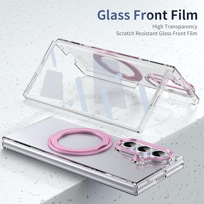 for Samsung Galaxy Z Fold 7 Case with Magnetic Ring Holder, 360 Rotating Bracket, Built-in Front Screen Len Protector, Anti-Yellowing & Anti-Fingerprint Crystal Clear Case.(Pink)