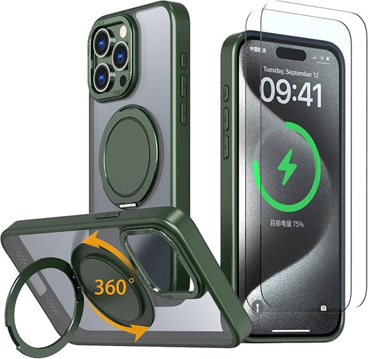 Magnetic Stand Case for iPhone 15 Pro [with 2 Tempered Glass Film] [360° Rotation Magnetic Stand] [Compatible with Magsafe] Military-Grade Drop Protection Case, Green
