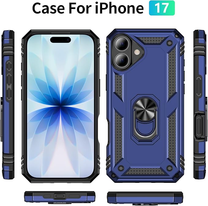 ADDIT Compatible with iPhone 17 Case with Tempered Glass Screen Protector, Adjustable Kickstand Ring, Military-Grade Heavy Duty Protection, Shockproof, Anti-Fingerprint,Blue
