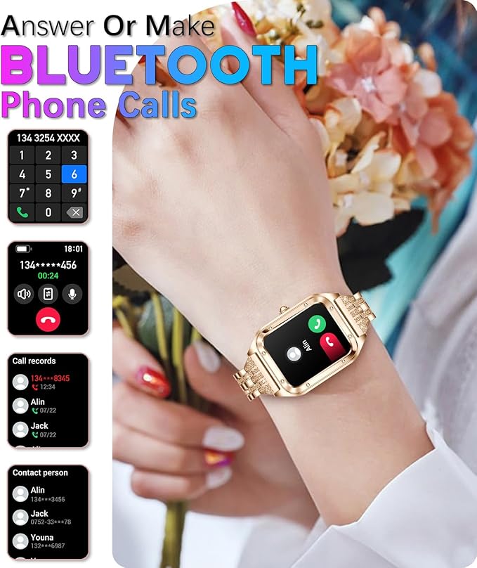 Smart Watch for Women, 1.59'' Full Touch Women's Smartwatch with Female Health Tracking, Fitness Tracker Heart Rate Monitor, Waterproof Sports Smartwatch for Android iOS (Gold Steel RT-i98)