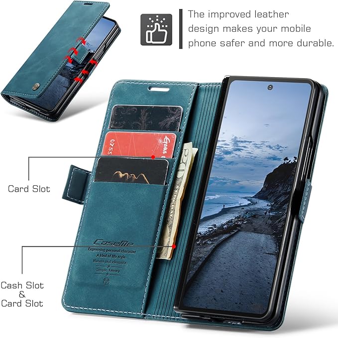 Wallet Case for Samsung Galaxy Z Fold 7 Leather Wallet Flip Cover with Card Holder, Kickstand, Magnetic Closure, RFID Blocking TPU Shockproof Phone Case Compatible with Fold 7, Blue-Green