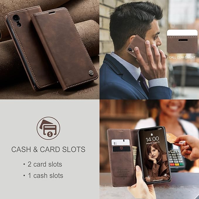 for iPhone XR 6.1-Inch Case, Flip Wallet Leather Case with Card Holder Magnetic Closure Shockproof Kickstand Protective Phone Cases Cover for iPhone XR, Coffee