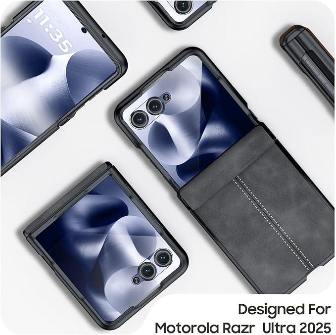 for Motorola Razr Ultra 2025 Case Built-in Screen Protector & Hinge Protection & Ultra Thin PU Leather Matte PC Shockproof Phone Cover Smartphone Case for Moto Razr Ultra 2025 (Black Gray)