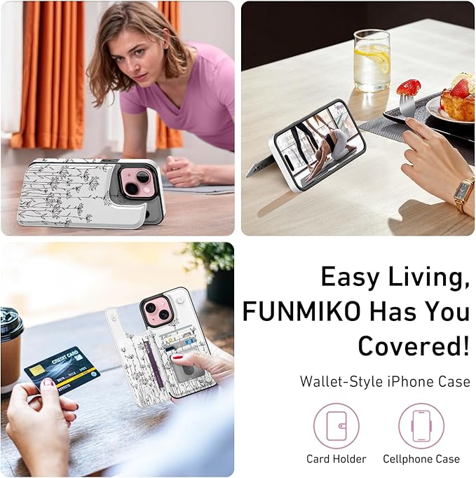 FUNMIKO for iPhone 15 Plus Wallet Case with Card Holder, RFID-Blocking, Military-Grade Protection & UV-Printed Artwork, Magnetic Closure with Leather Kickstand - Elegantly Sketched Flower