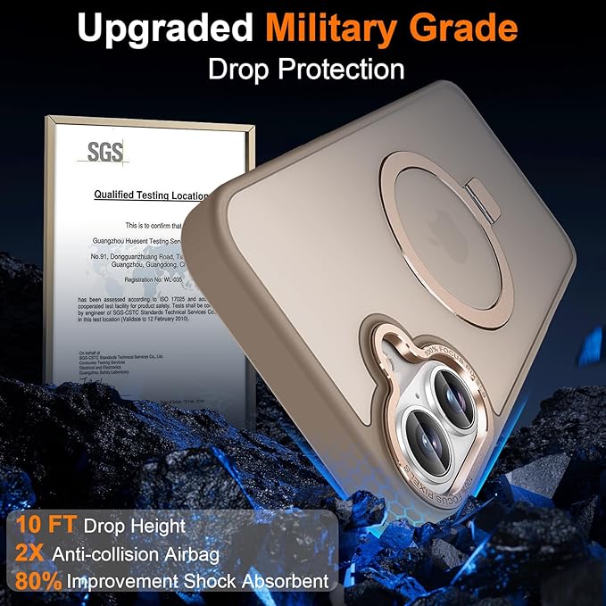 Magnetic for iPhone 16 Case with Ring Stand, [10 FT Drop Protection] [Velvety Touch] Slim Translucent Matte Back Shockproof Phone Case for iPhone 16 6.1'', Bronze