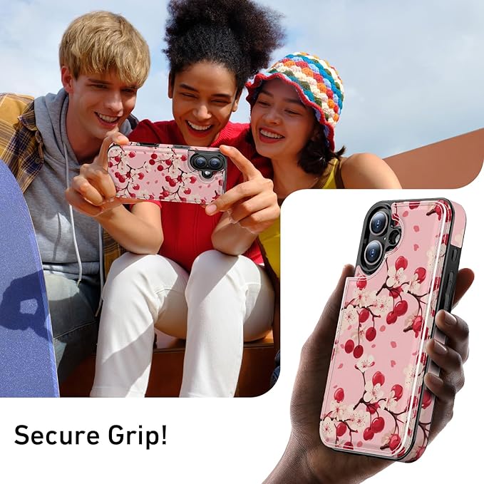 FUNMIKO for iPhone 16 Wallet Case with Card Holder, RFID-Blocking, Military-Grade Protection & UV-Printed Artwork, Magnetic Closure with Leather Kickstand - Cherry Blossom
