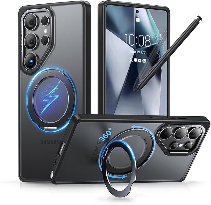 QTlier Phone case for Galaxy S24 Ultra& S25 Ultra- 360 Rotatable Magnetic Ring Stand, Military-Grade Protection, Raised Camera Frame (Black, S25 Ultra)