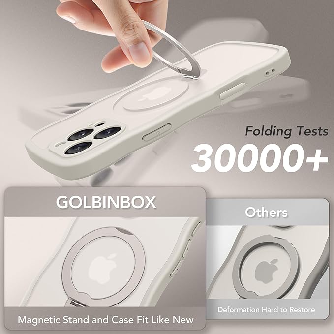 GolbinBox for iPhone 16 Pro Case for Women,[Compatible with Magsafe][360° Spin Magnetic Stand][Cute Wave Edge][Military-Grade Protection] Translucent Matte Phone Case for iPhone 16 Pro, Stone