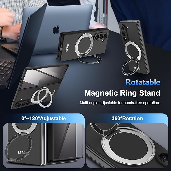 360 Spin Magnetic Stand for Samsung Galaxy Z Fold 7 Case, with Screen Protector [Compatible with MagSafe] Slim PC Hard Ring Holder Kickstand Protection Cover for Samsung Z Fold 7 Phone Case (Black)