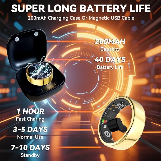 Smart Ring for Men Women with Black Charging Box, Bluetooth, Health Ring , IP68 Waterproof, Fitness Ring Tracks Heart Rate/Sleep/Steps/Sports Activities/Blood Oxygen,non-subscription app (Gold, 12)