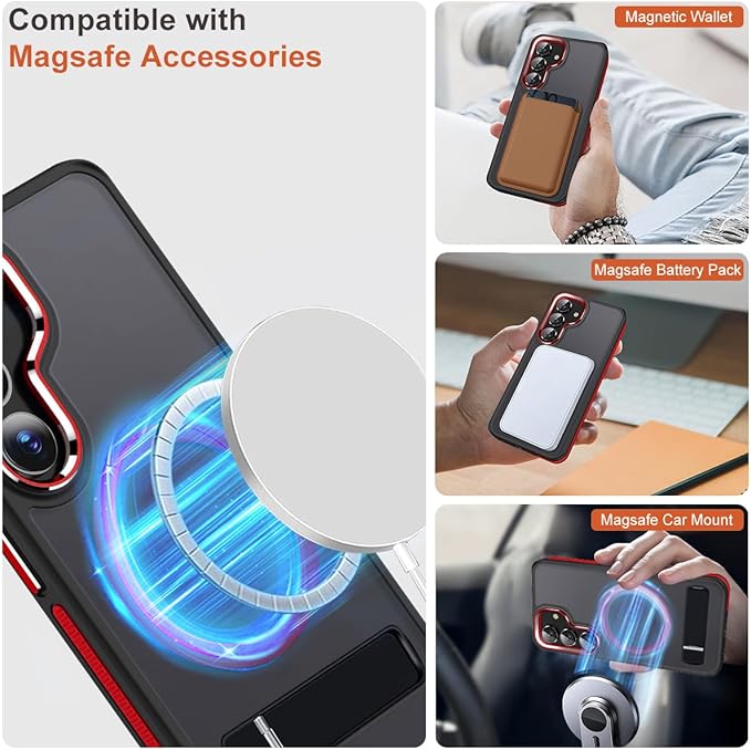 Case for Galaxy S23 FE with 3 Modes Stand, Compatible with Magsafe, Color Collision Shockproof Case with Anti-Slip Strip, Matte Translucent Magnetic Case for Galaxy S23 FE (Black/Red)