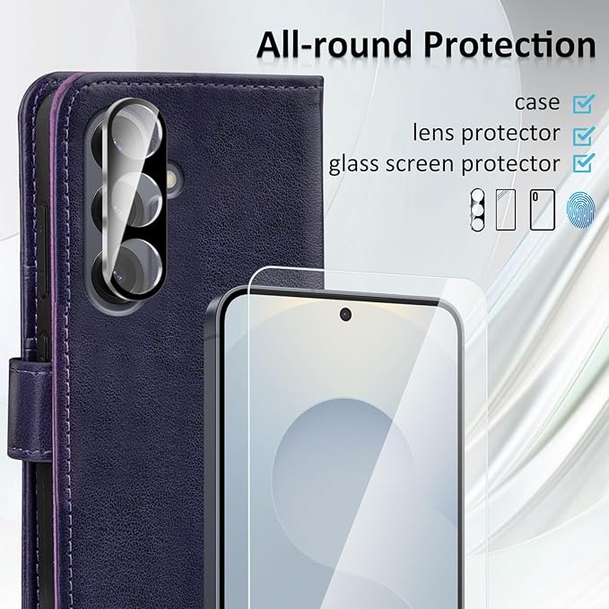 MONASAY Wallet Case Fit for Samsung Galaxy S25+ Plus 5G, [Lens & Glass Screen Protector Included] [RFID Blocking] Flip Folio Leather Cell Phone Cover with Credit Card Holder, 6.7 inch, Purple