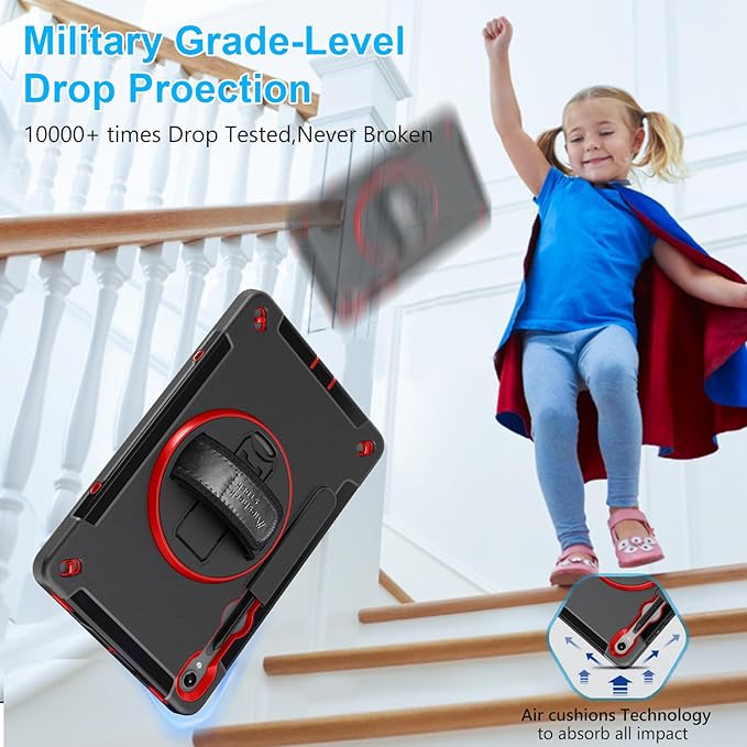 Case for Galaxy Tab S10 Lite &S10 FE S9 FE 10.9"/S9 11 Inch: TPU Cover for Samstng Tablet S10 FE/ 2025/ S9 FE & S9 2023 5G with Screen Protector- Stand- Handle-Shoulder Strap-S-Pen Holder-Red+Black